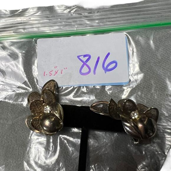 Vintage Bronze Flower Clip On Earrings Statement Petals Crystal Center - Picture 12 of 12